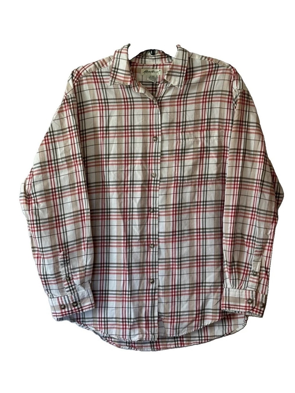Eddie Bauer Cream Plaid Button-Down Shirt with Red & Tan Stripes Women’s L